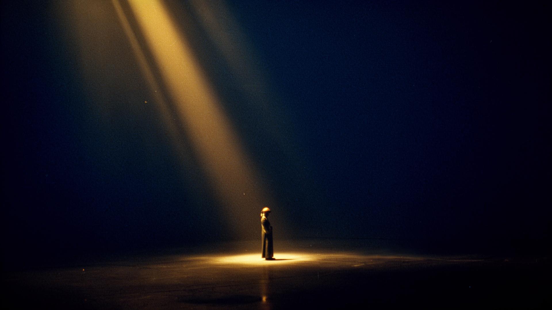 A lone figure in a shaft of golden light within deep navy space